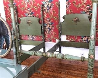 Ca. 1920s pair twin beds, 1 needs rail pin repair