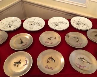 Set of 12 interesting antique fish plates, Paris, France marked Au Vase Etrusque, Ca. 1930