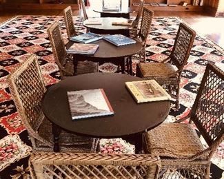 Set of 10 antique wicker chairs and 3 bridge tables, rug is not for sale