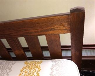 Detail of mission oak twin headboard, one of two twin beds