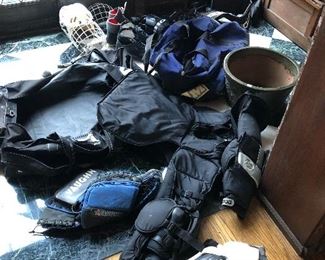 A lot of hockey equipment