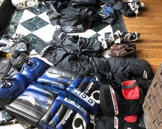 A lot of hockey equipment