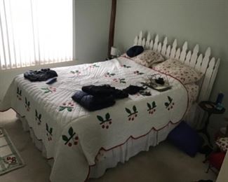 Full size bed. Mattress, box springs, headboard, and frame. Comes with or without linens; quilt is NFS. This item cannot be removed from home until home is in escrow. 