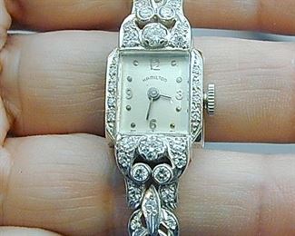 14k Hamilton White Gold Encrusted Diamond Ladies Wrist Watch