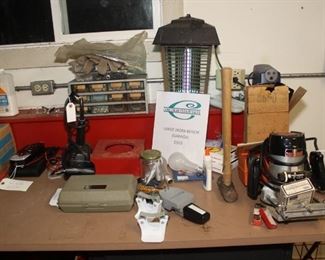 Hand & Power Tools, Workbench w/ Drawers & Cabinet Bug Zapper, Craftsman Router w/ Accessories.
