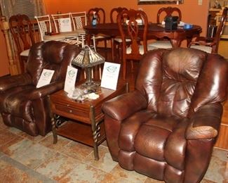 Leather Recliners-AS IS    on the end table is a Slag lamp  -heavy in weight