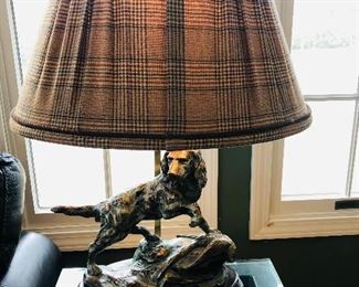 Cast Bronze Hunting Setter on Wood Base with Glen Plaid Lamp Shade