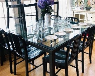 Industrial Metal/Dark Steel, Dining Table, Glass Top, 8 Black Metal Chairs