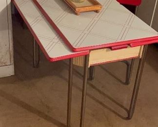 Vintage White and Red Enamel top table.  Silverware drawer intact!