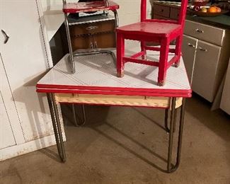 Vintage White and Red Enamel top table.  Silverware drawer intact!