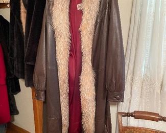 Damselle full length leather jacket with fur collar 
