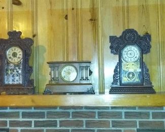 Vintage Mantle Clocks-Ansonia Gingerbread, 4 Column Clock with Lion Head handles, Seth Thomas with military theme glass panel
