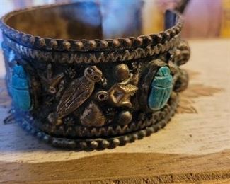 Vintage Egyptian theme cuff bracelet with scarabs
