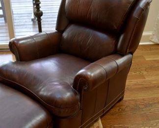 leather chair and ottoman (by Hancock & Moore), floor lamp, rug