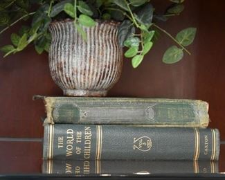 books and faux plant