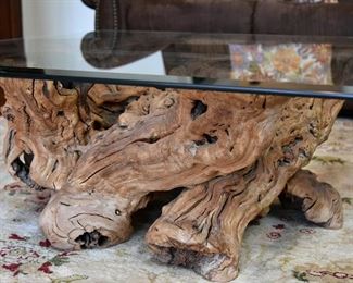 driftwood coffee table with glass top (detail)