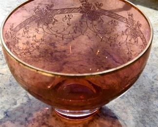 etched glass bowl, pink