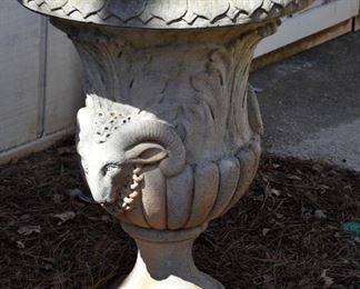 large decorative plant urn, ram's head 