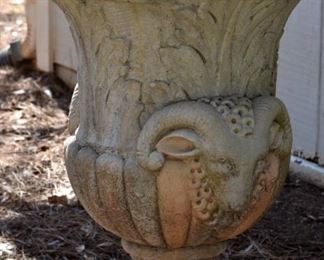 large decorative plant urn, ram's head 
