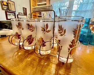 Libby Frosted 22K Goldleaf Tumbler Set/ Brass Caddy