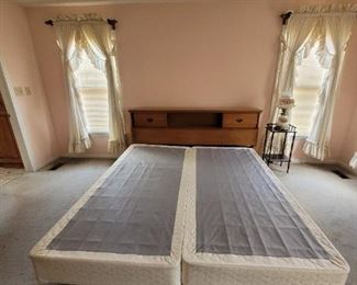 King size bed frame and headboard with sliding door storage & box springs; bed side table and 'Gone with the Wind' lamp