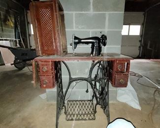 Antique Treadle Sewing Machine Cast Iron Base Parts wheel and pedal