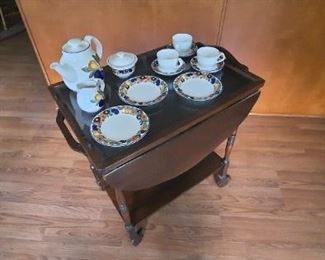 Royal Copenhagen 'Golden Summer' Tea Set presented on  antique serving cart(previously pictured)