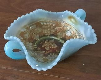 Blue Opalescent Ruffle Edge Hobnail Candy dish