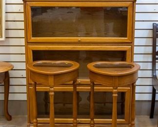 Nice oak display case!  Heart tables that open.