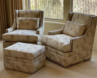 3pc Jessica Charles Chairs & Ottoman Crosby Upholstered  Swivel Chair PAIR	Chair: 36 x 33 x 35in Ottoman: 16 x 25.5 x 20in	HxWxD
