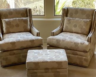 3pc Jessica Charles Chairs & Ottoman Crosby Upholstered  Swivel Chair PAIR	Chair: 36 x 33 x 35in Ottoman: 16 x 25.5 x 20in	HxWxD

