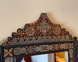 Moroccan Metal Adorned Inlay Wood Ornate Mirror	59x31.25 x 2in	HxWxD
