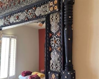 Moroccan Metal Adorned Inlay Wood Ornate Mirror	59x31.25 x 2in	HxWxD
