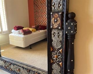 Moroccan Metal Adorned Inlay Wood Ornate Mirror	59x31.25 x 2in	HxWxD
