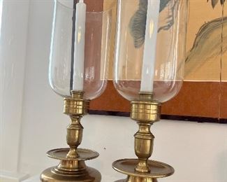 Pair of brass hurricane lamps