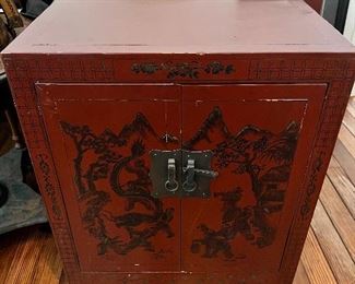 Pair of red Asian side table cabinets (2)