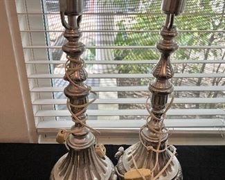Pair of pewter candlestick lamps