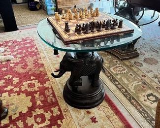 Vintage ceramic elephant table w/ glass top. Vintage chess set. Custom pool table.
