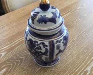 Blue & white oriental urn with lid