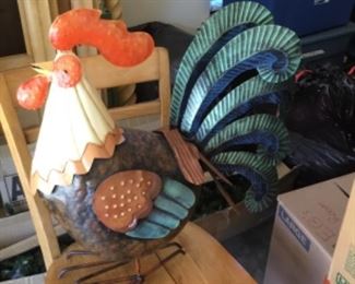 Large metal Rooster - wooden chair