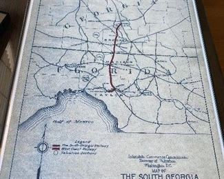 Framed glass pictures of Railroad memorabilia (maps)