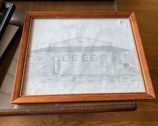 Framed glass pen & ink drawing of Railroad depot