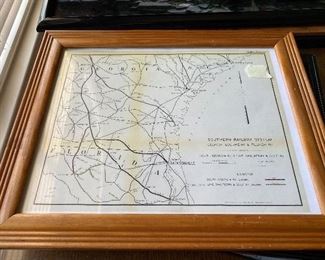 Framed glass pictures of Railroad memorabilia (Maps)