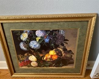 Gold framed with glass - large flowers & fruit basket