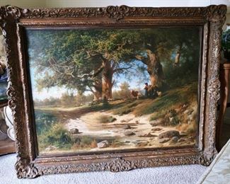Item #72. Beautiful large 19th Century oil painting on canvas - French countryside scene depicting a young women with cows and sheep resting under large trees near some water. Painting was recently cleaned and lined - signature not found however we think this work is very similar to French artist Charles Ceramano (1829-1909) - painting measures approx. 31 7/8" - 44 1/8" frame is 40" x 52"  - $4,000