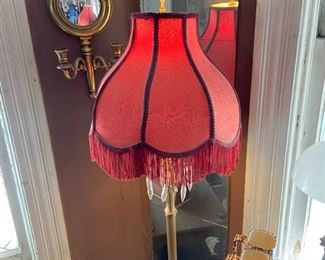 Wall convex mirror and candle holders by Syroco and floor lamp with Victorian fringe shade & crystals
