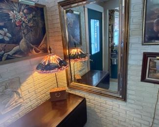 Duncan Phyfe mahogany drop-leaf table, Tiffany-style dragon fly shade, large wall mirror -- Framed still art picture