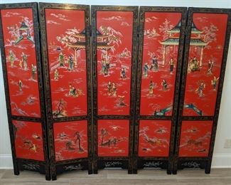 Amazing 5-panel Chinese red/black lacquer folding screen with MOP details.