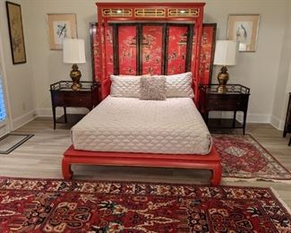 One-of-a-kind Chinese red platform bed, with lighted half-canopy, fantastic 5-panel screen, pair of vintage Baker mahogany nightstands, pair of brass lamps, and more very good framed artwork.