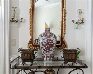Aged brass teacart, from Barcelona Spain, gorgeous mahogany/gilt wood wall mirror, pair antique French cachepots, Asian porcelain vase, Satsuma porcelain vase and pair of vintage crystal wall sconces.